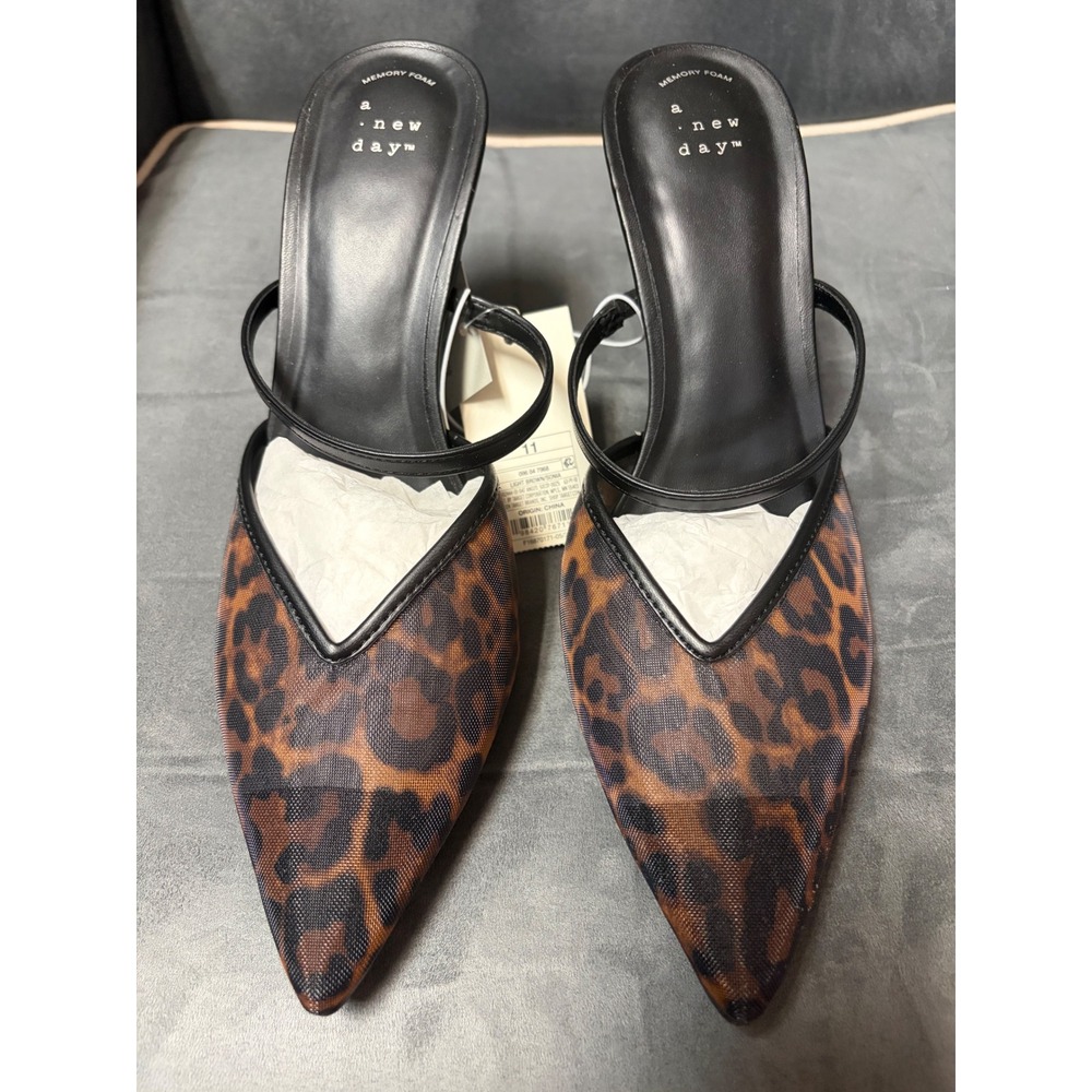 A New Day Womens Leopard Print Pointed Toe Mules Black Strap Heels Size 11 NEW - Picture 2 of 5